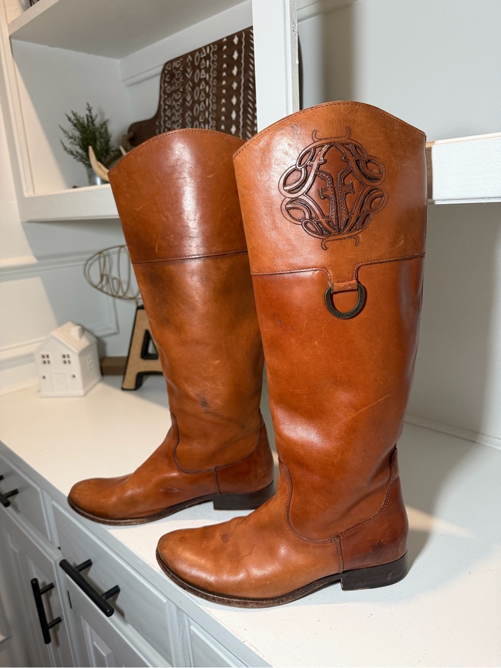 Frye Womens 8.5B Cognac Brown Leather Tall Riding Boots Equestrian Embossed